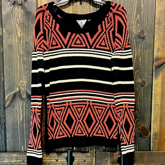 Volcom Machu Peaches Sweater S Geometric Black Orange Striped Festival Cozy Warm - Picture 1 of 12